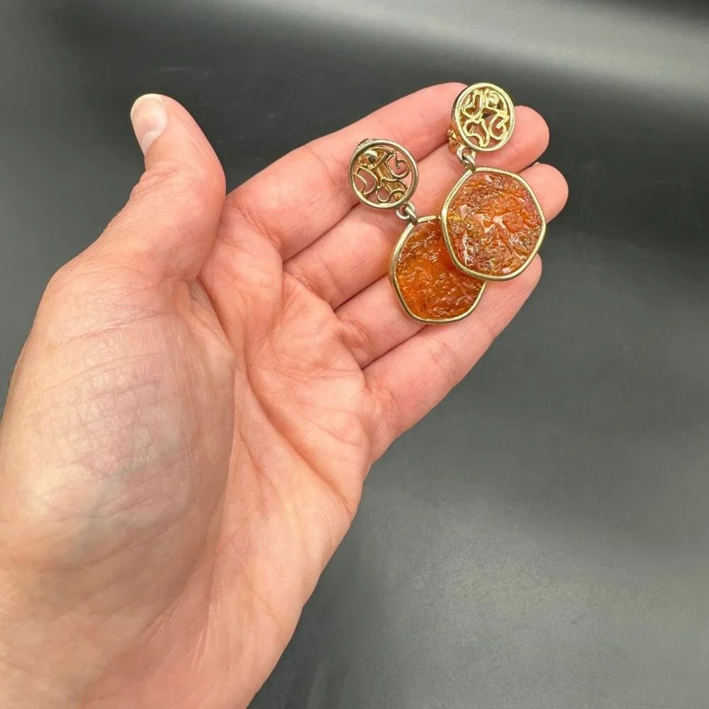 Vintage Clip On Earrings Sarah Coventry Honey Amber Dangle 1970s Retro Gold Tone - Picture 7 of 8